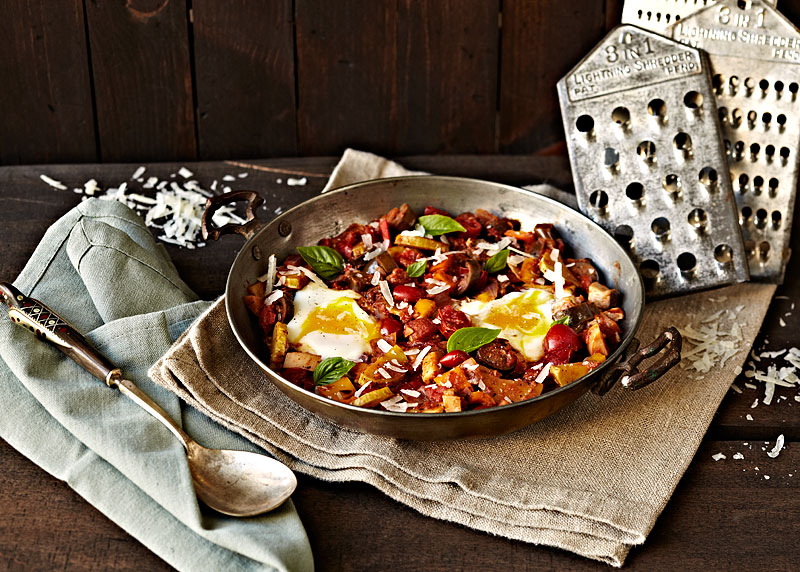 Shakshouka Vegetable Ragout with Poached Eggs- copyright Crystal Cartier