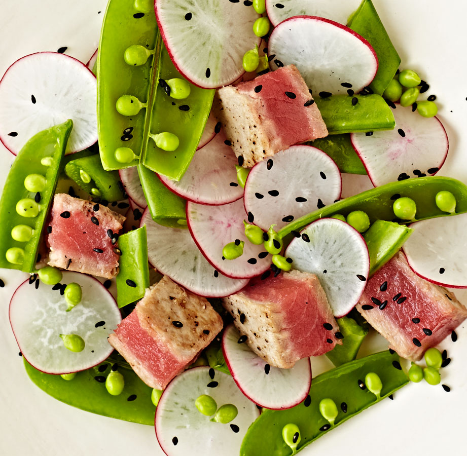 ahi tuna, snap pea, salad, radish, recipe, food photographer, los angeles, Crystal Cartier