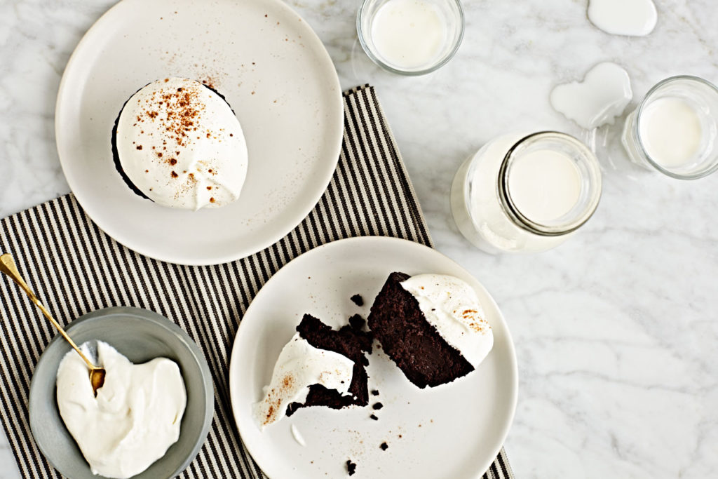 Gluten-free flourless chocolate cupcakes with creme fraiche whipped cream