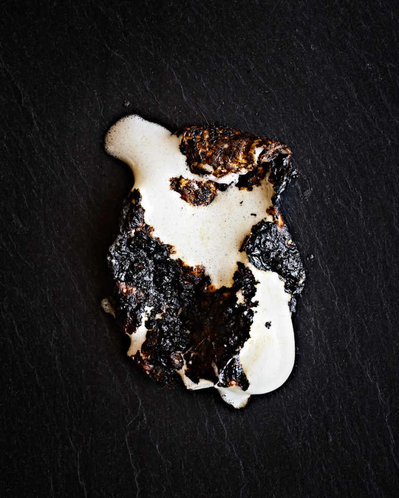 Burnt marshmallow still life on black.