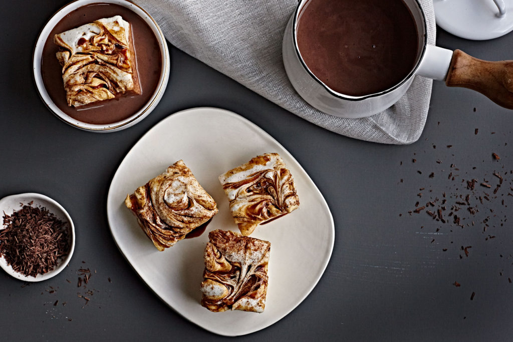 Homemade spiced caramel marshmallows with hot chocolate.