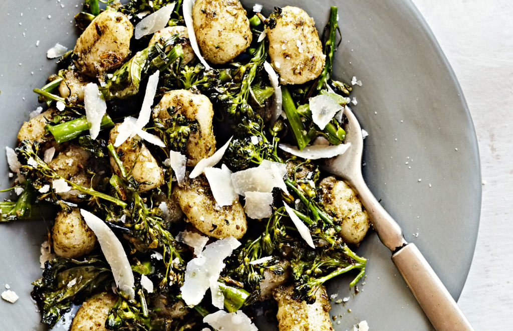 gluten-free gnocci with broccolini and pecan pesto