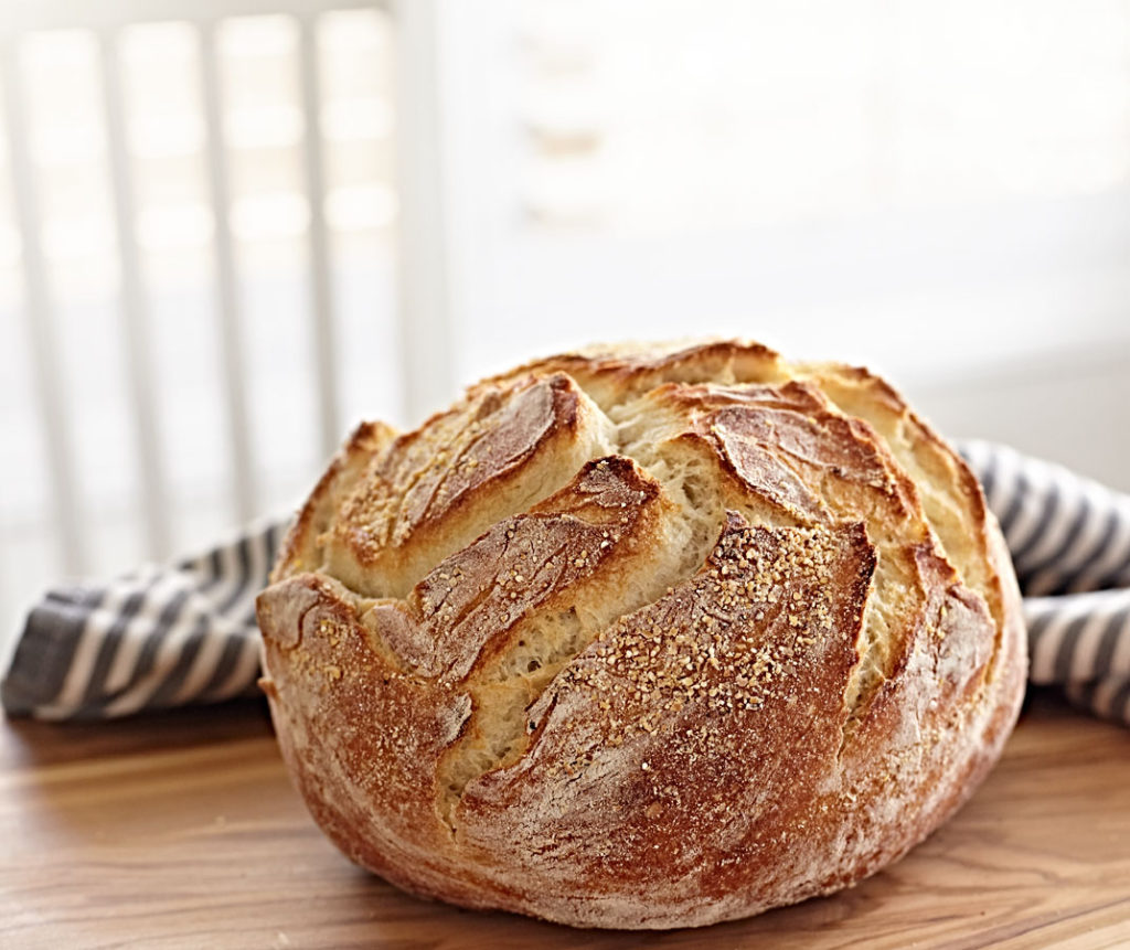 Fresh homemade no-knead sourdough bread.