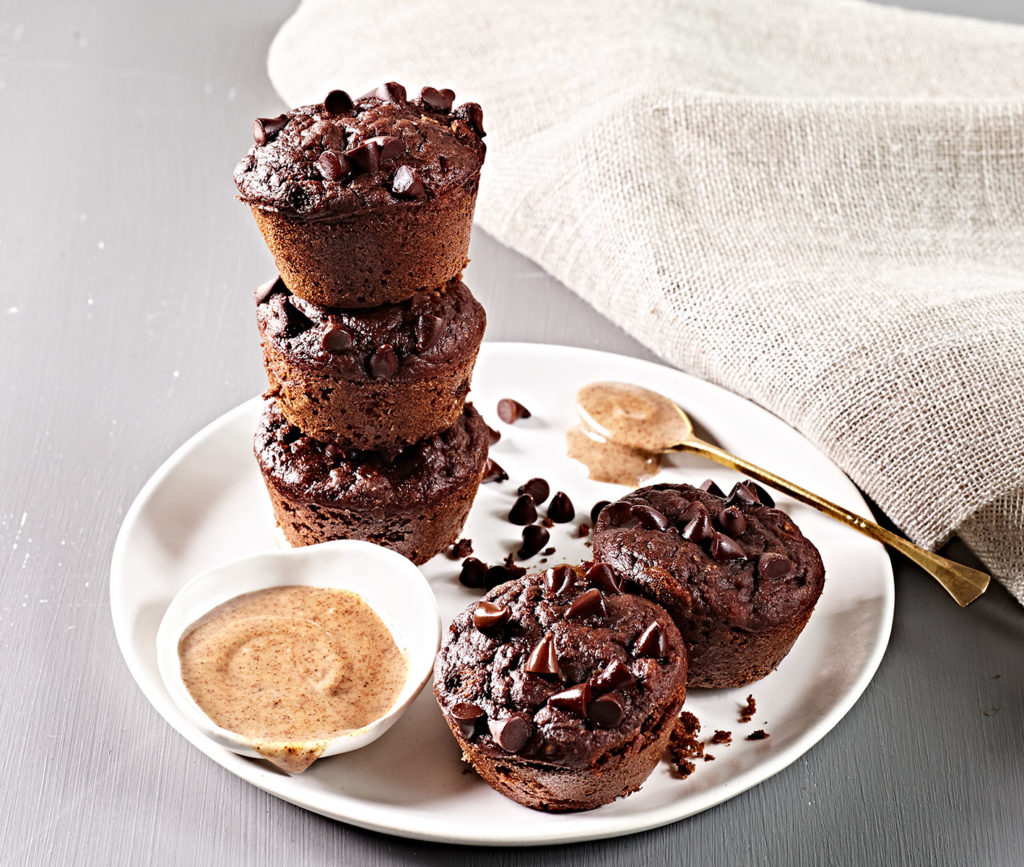 Flourless grain-free chocolate chocolate chip muffins with almond butter.
