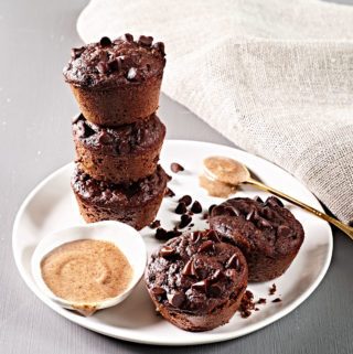 Flourless grain-free chocolate chocolate chip muffins with almond butter.