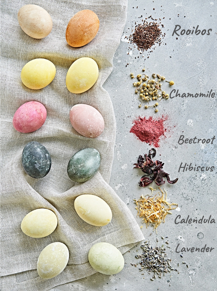 Vibrant dyed Easter eggs using natural herbs and teas.
